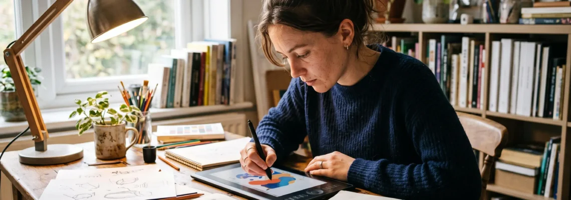 Designer débutant travaillant activement sur un projet de design graphique à son bureau, entouré d'outils créatifs traditionnels et numériques
