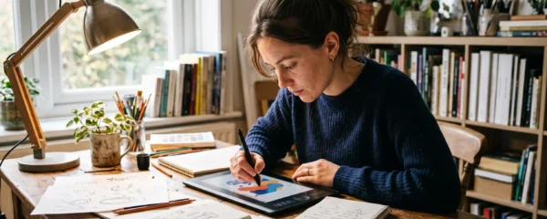 Designer débutant travaillant activement sur un projet de design graphique à son bureau, entouré d'outils créatifs traditionnels et numériques