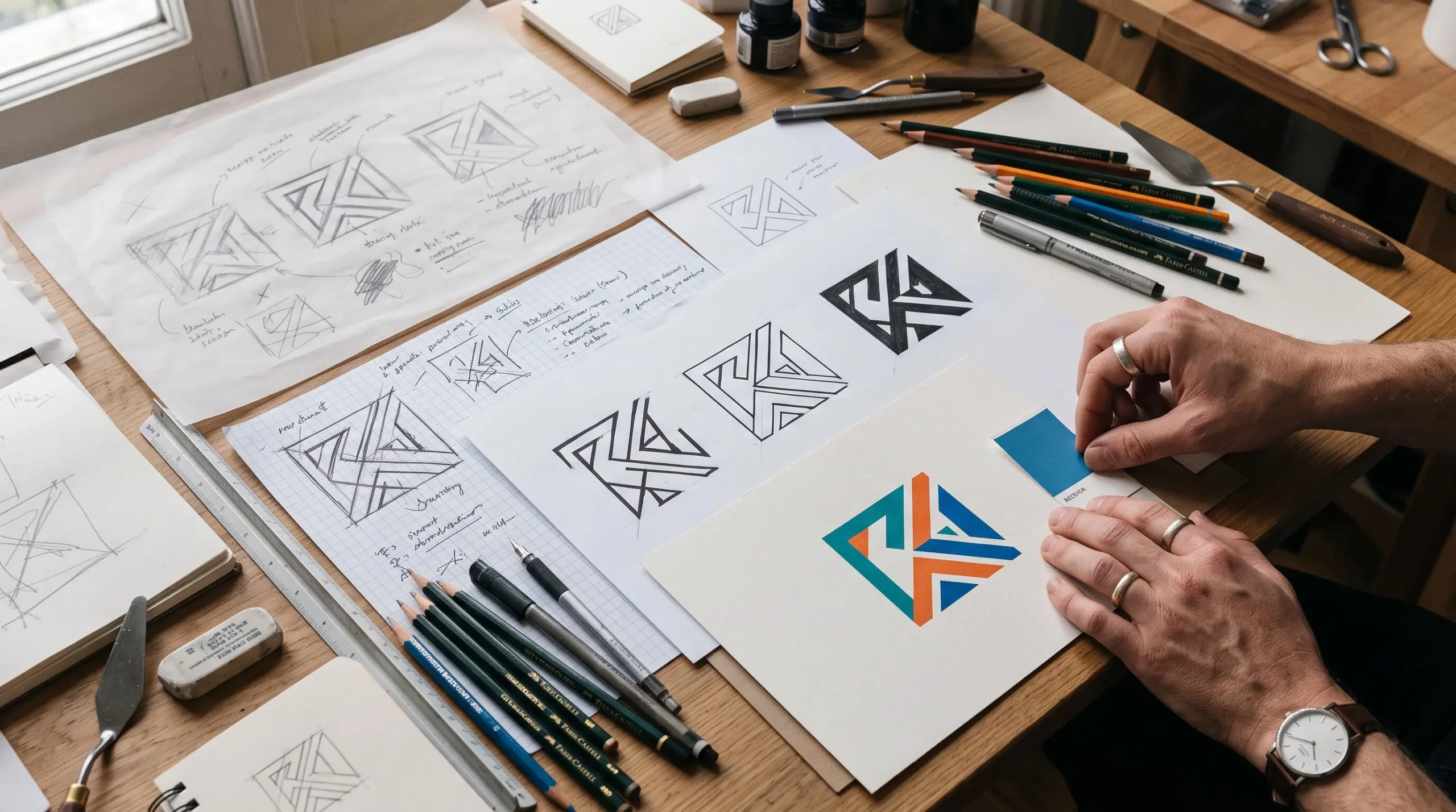 Surface de travail montrant l'évolution d'un projet de design graphique à travers plusieurs versions, des premières esquisses à la version finale en cours
